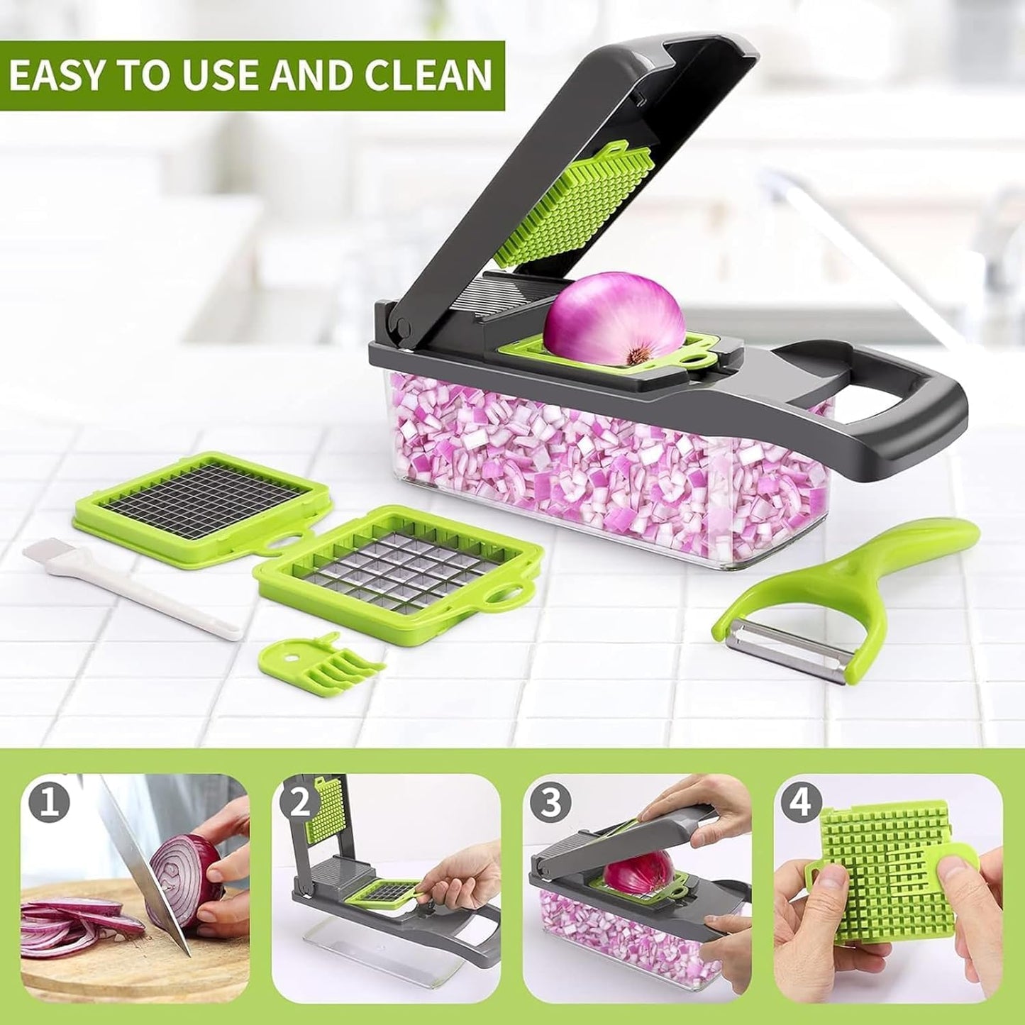 15 in 1 Vegetable Chopper- Food Chopper Onions Vegetable Slicer Dicer, Veggie, Cheese Grate Cutter with 7 Blades for Carrot Salad Garlic Potato Slicer with Large Container Mandoline Kitchen Gadgets