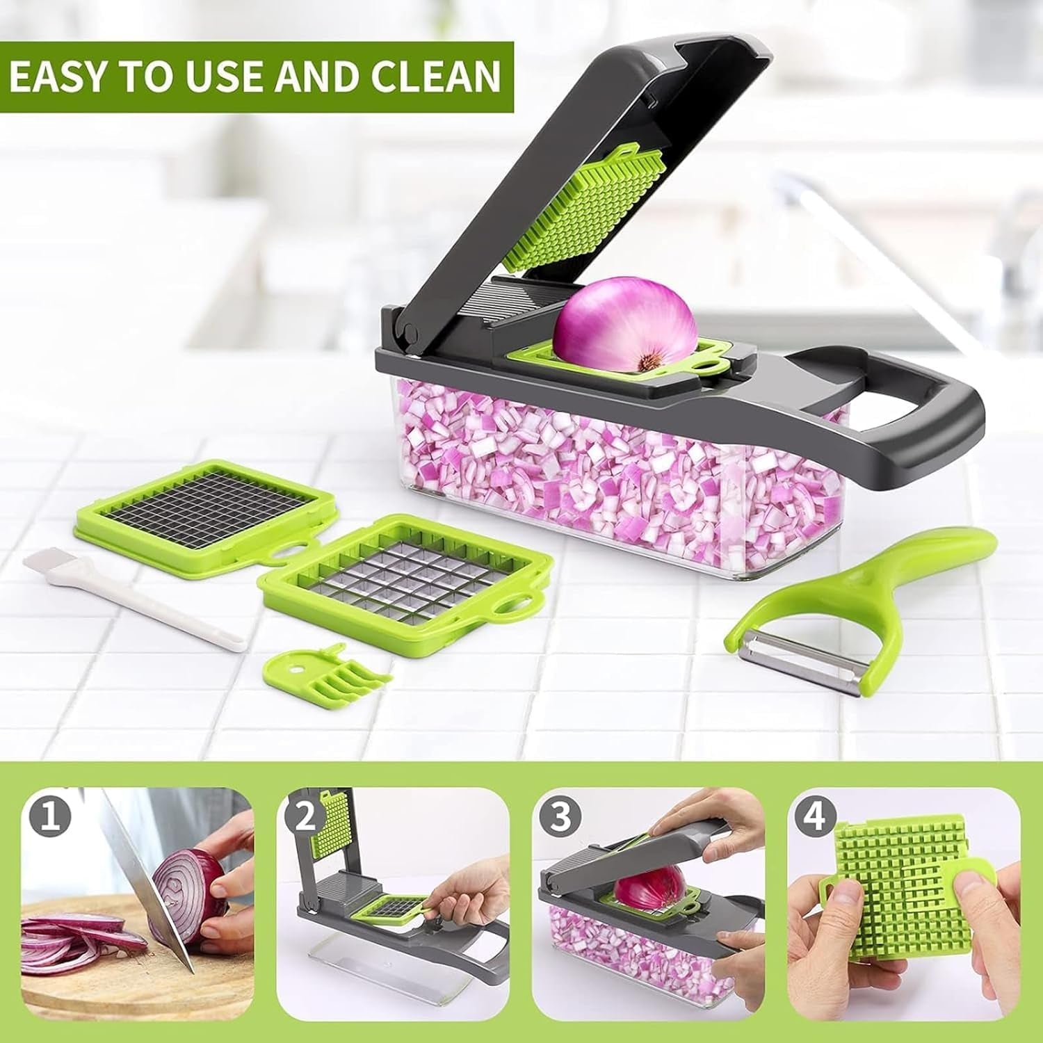 15 in 1 Vegetable Chopper- Food Chopper Onions Vegetable Slicer Dicer, Veggie, Cheese Grate Cutter with 7 Blades for Carrot Salad Garlic Potato Slicer with Large Container Mandoline Kitchen Gadgets