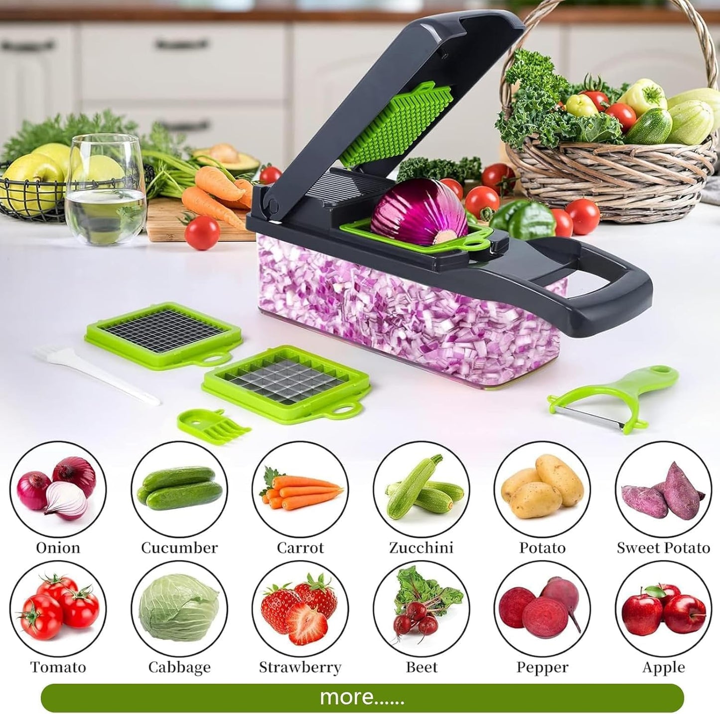 15 in 1 Vegetable Chopper- Food Chopper Onions Vegetable Slicer Dicer, Veggie, Cheese Grate Cutter with 7 Blades for Carrot Salad Garlic Potato Slicer with Large Container Mandoline Kitchen Gadgets
