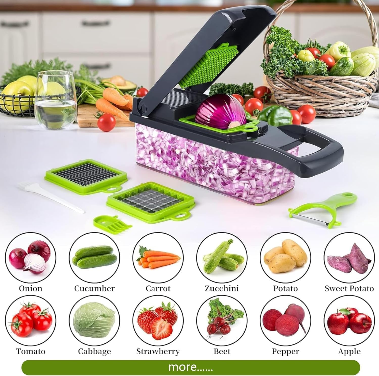 15 in 1 Vegetable Chopper- Food Chopper Onions Vegetable Slicer Dicer, Veggie, Cheese Grate Cutter with 7 Blades for Carrot Salad Garlic Potato Slicer with Large Container Mandoline Kitchen Gadgets