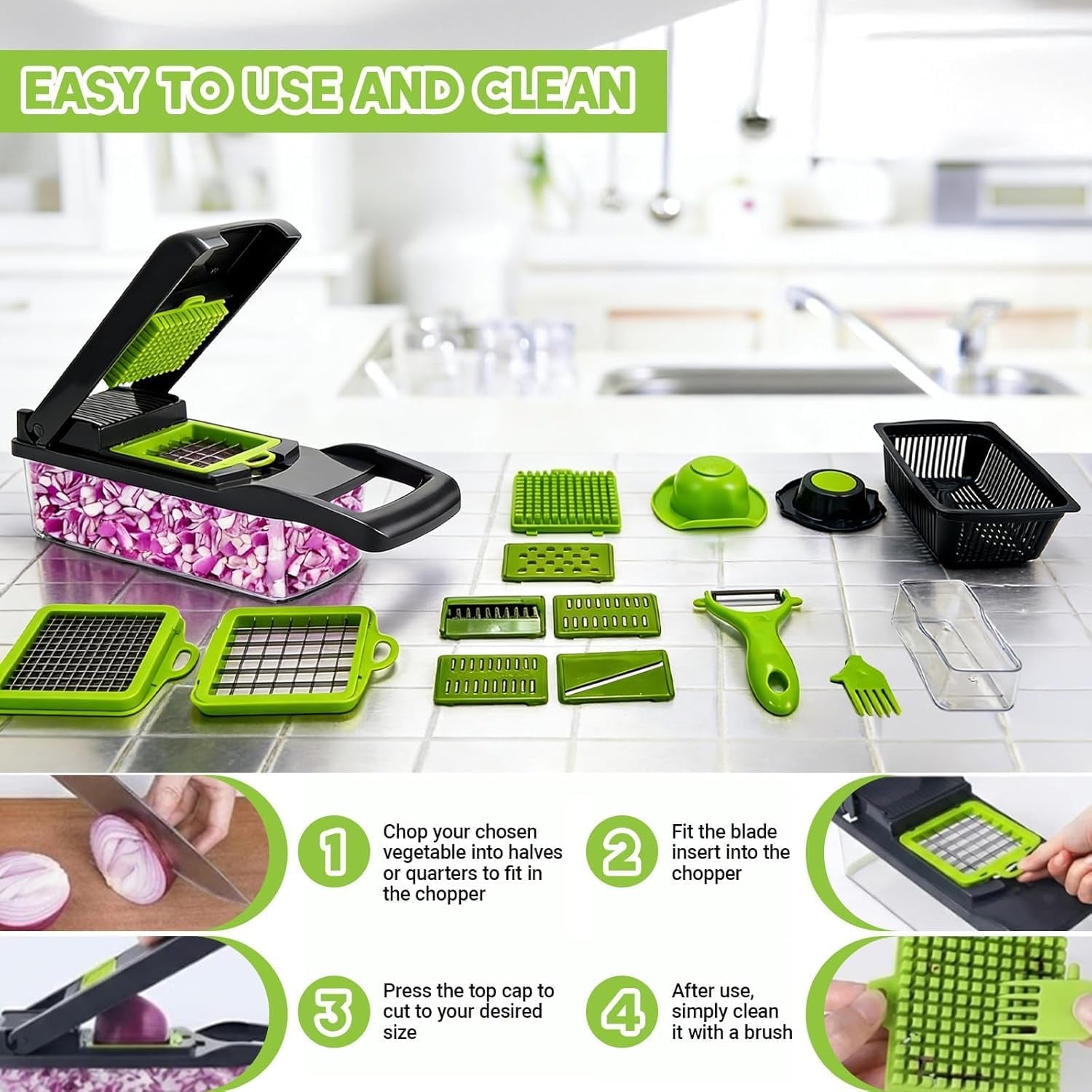 15 in 1 Vegetable Chopper- Food Chopper Onions Vegetable Slicer Dicer, Veggie, Cheese Grate Cutter with 7 Blades for Carrot Salad Garlic Potato Slicer with Large Container Mandoline Kitchen Gadgets