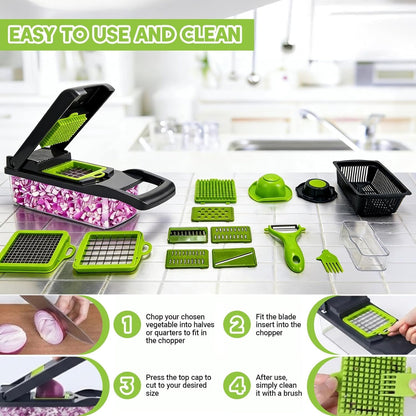 15 in 1 Vegetable Chopper- Food Chopper Onions Vegetable Slicer Dicer, Veggie, Cheese Grate Cutter with 7 Blades for Carrot Salad Garlic Potato Slicer with Large Container Mandoline Kitchen Gadgets