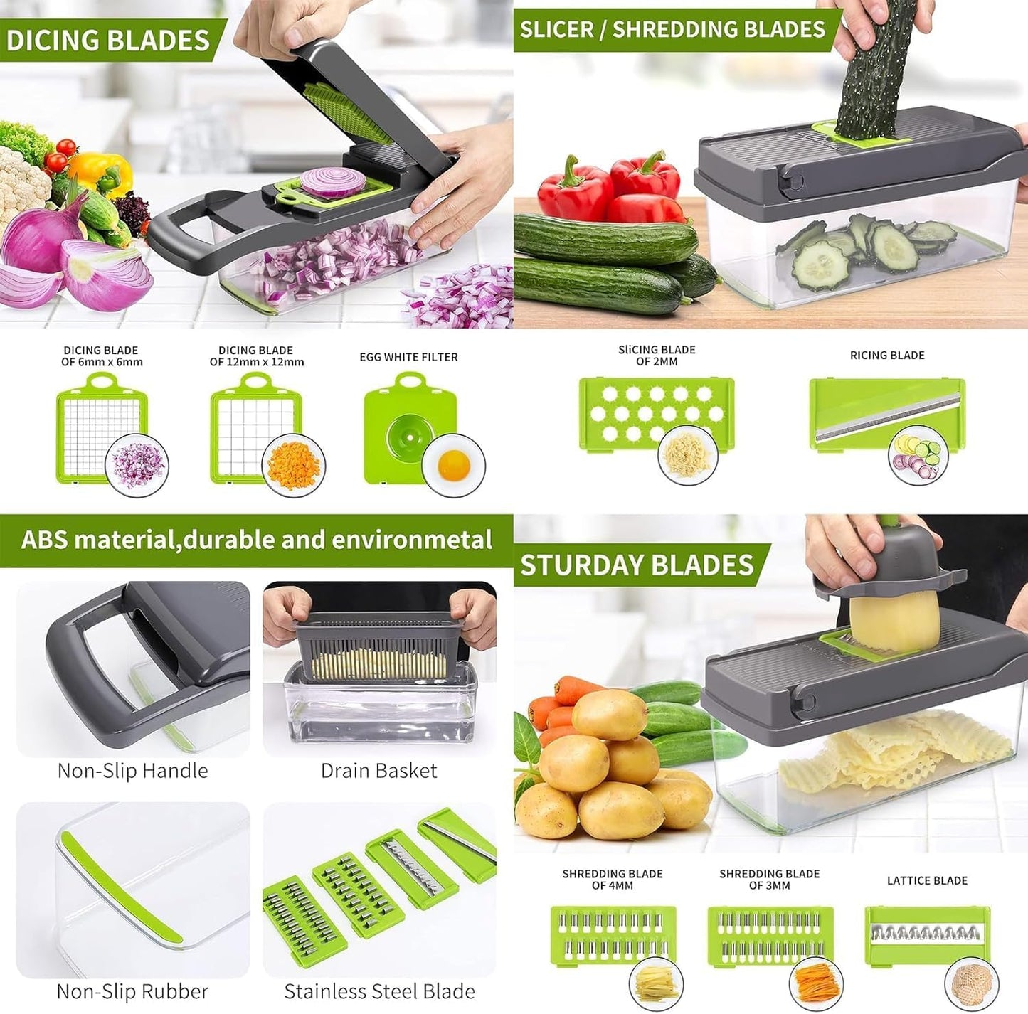 15 in 1 Vegetable Chopper- Food Chopper Onions Vegetable Slicer Dicer, Veggie, Cheese Grate Cutter with 7 Blades for Carrot Salad Garlic Potato Slicer with Large Container Mandoline Kitchen Gadgets